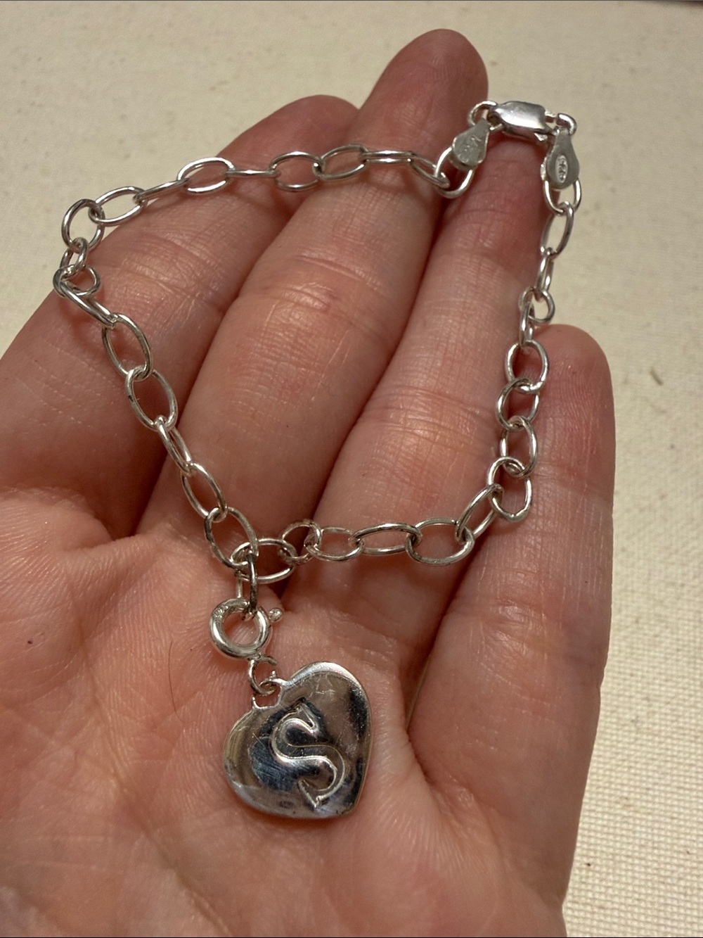 Sterling Silver 925 Heart Charm Bracelet with 'S' Initial 7.5’ inch